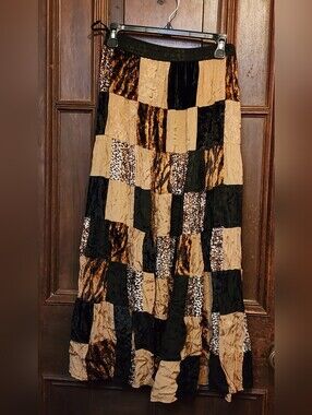 Vintage Lew Magram Patchwork Animal Print Broom Maxi Skirt Velour-Medium